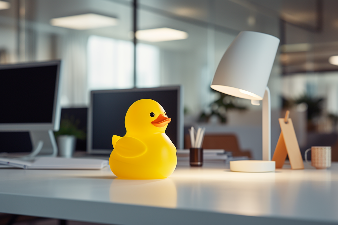 jalokim__a_photo_of_a_small_yellow_rubber_duck_on_a_modern_offi_7c294c4d-5794-4dd5-8733-f9768f0bd8ad